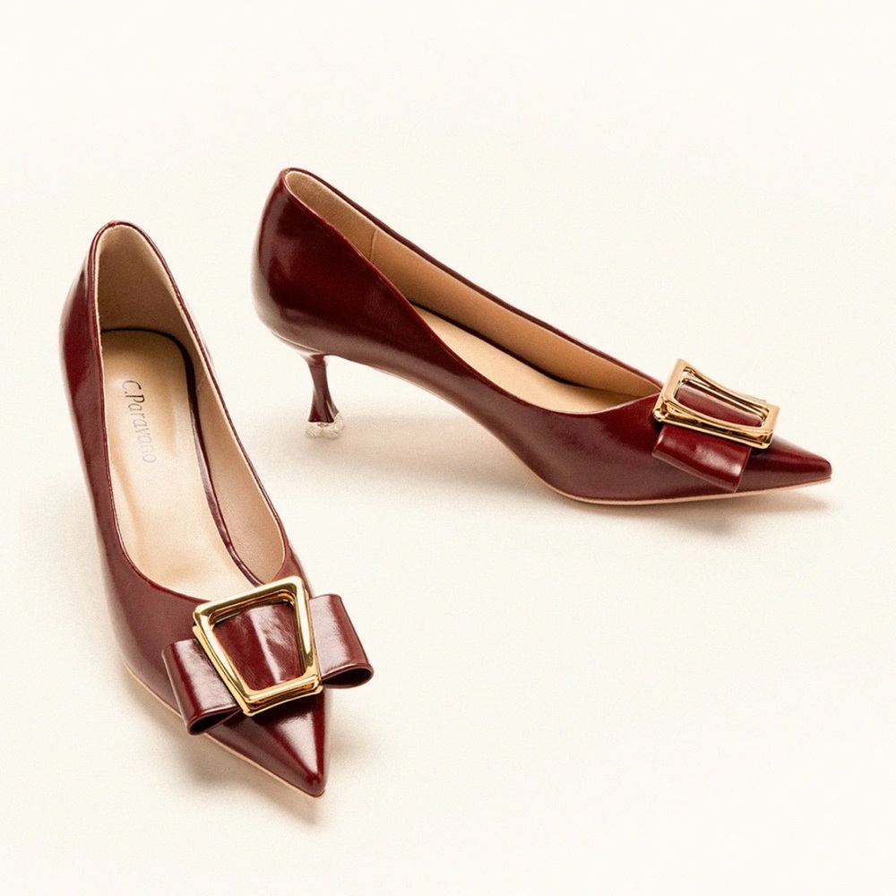 C.Paravano Red Burgundy Gold Buckle Kitten Heels Metal Tie Pumps Olivia NEW 7.5 - Picture 8 of 16